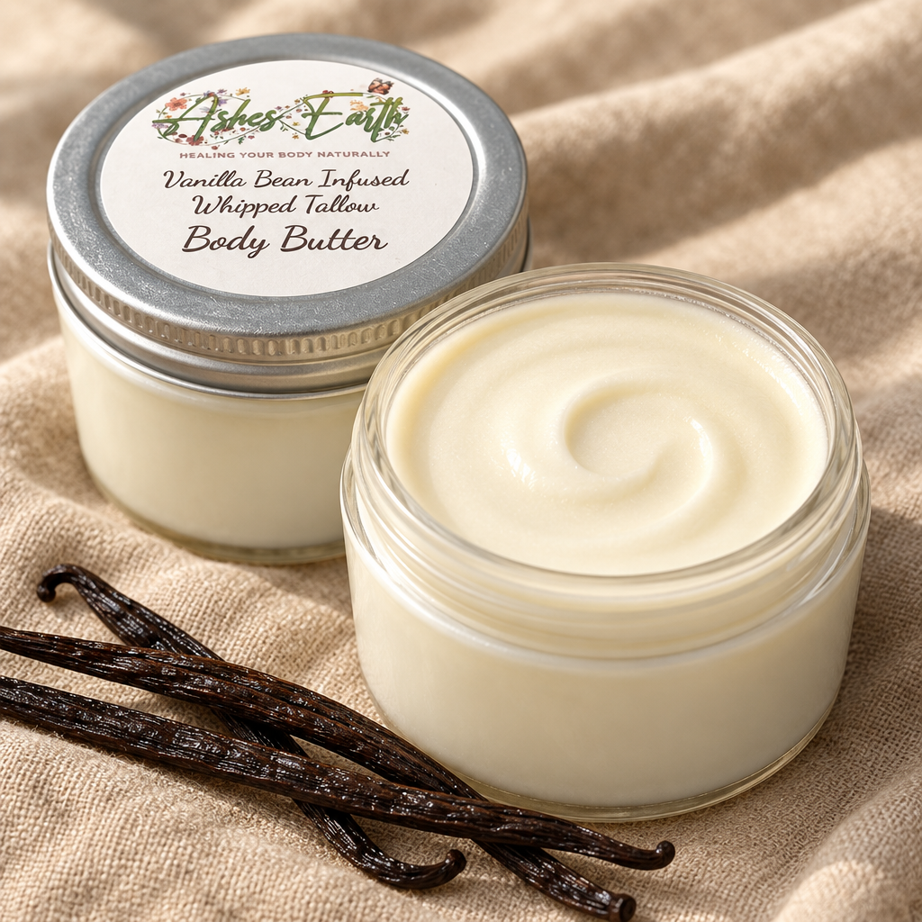 Smooth vanilla body butter with a capped jar behind it