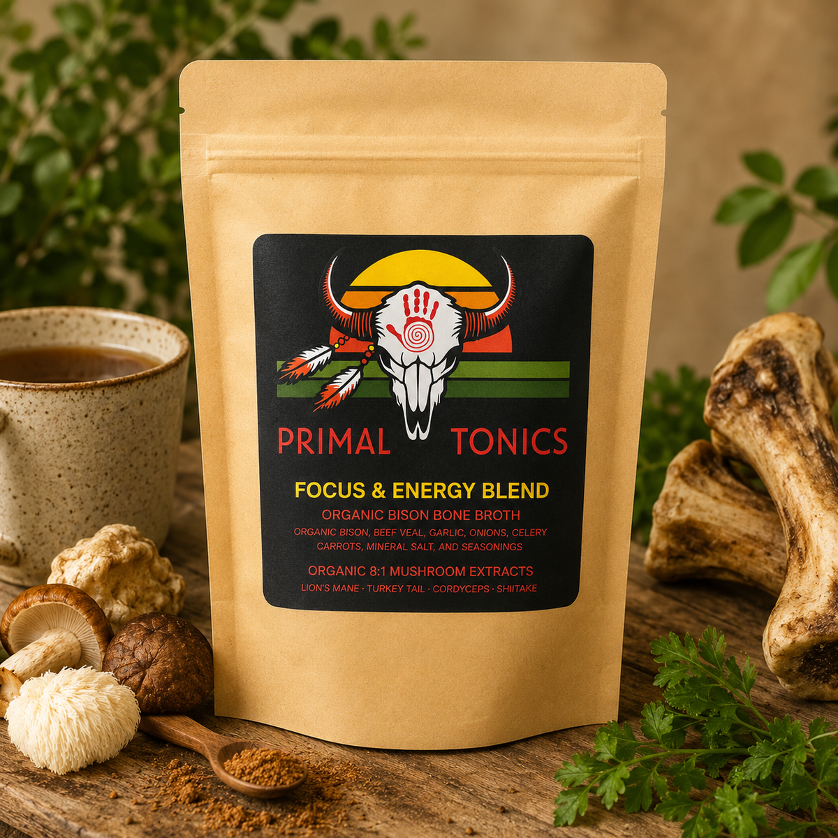 Focus & Energy Blend: Organic Freeze Dried Bone Broth with Organic 8:1 Mushroom Extracts and 200Mg of L-Theanine per serving