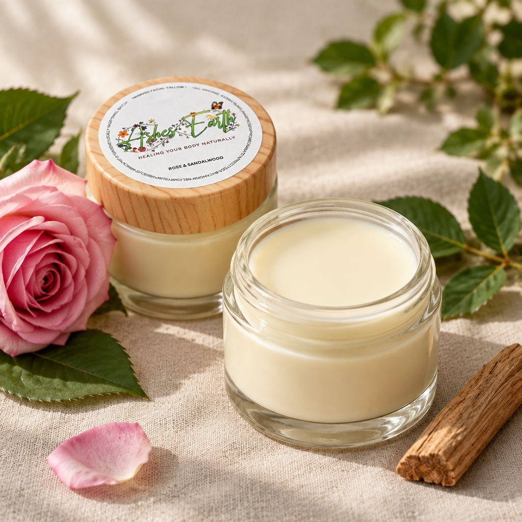 Capped and open cream jars with rose and sandalwood