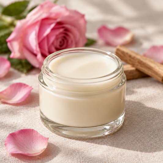 Close view of smooth cream with rose and sandalwood