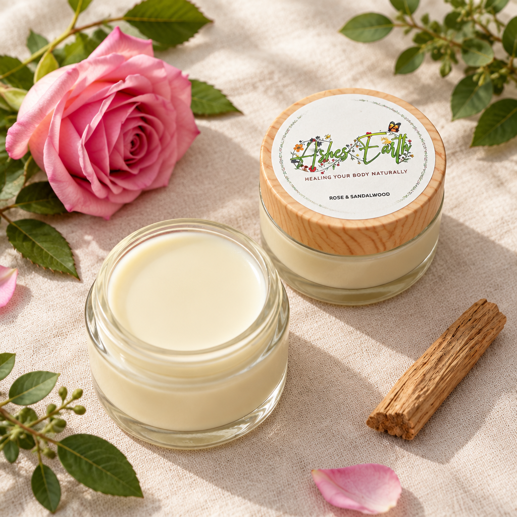 Cream jars on linen with botanical accents