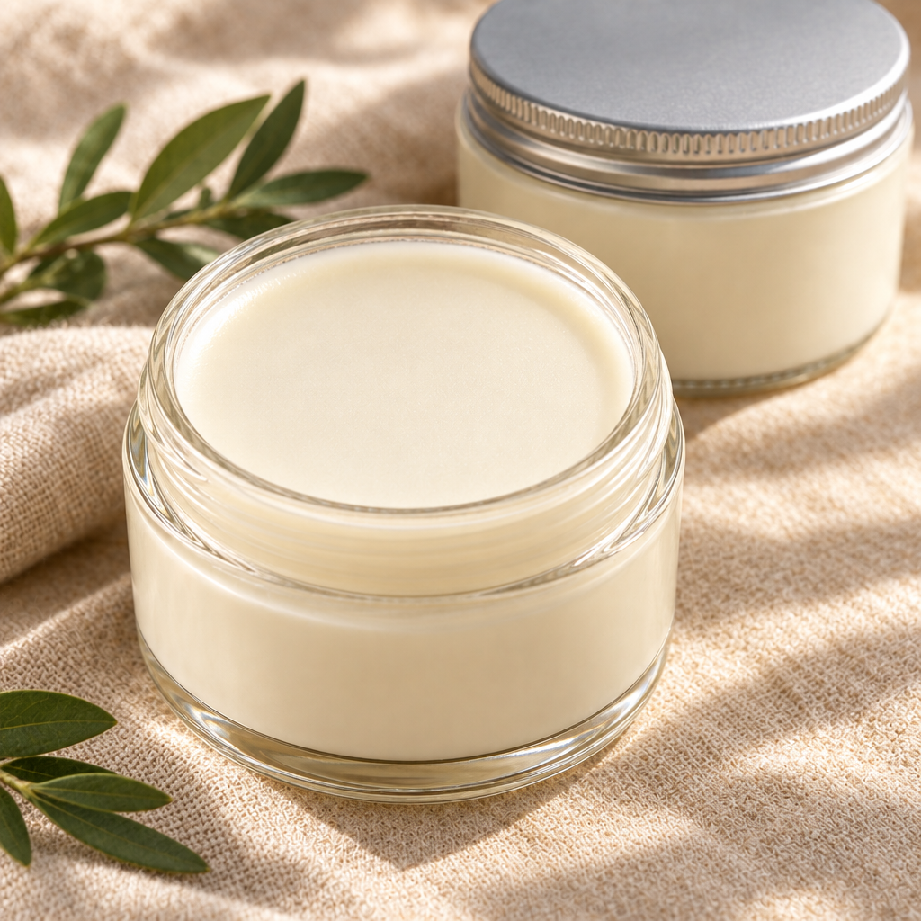 Smooth unscented tallow cream with a capped jar behind it