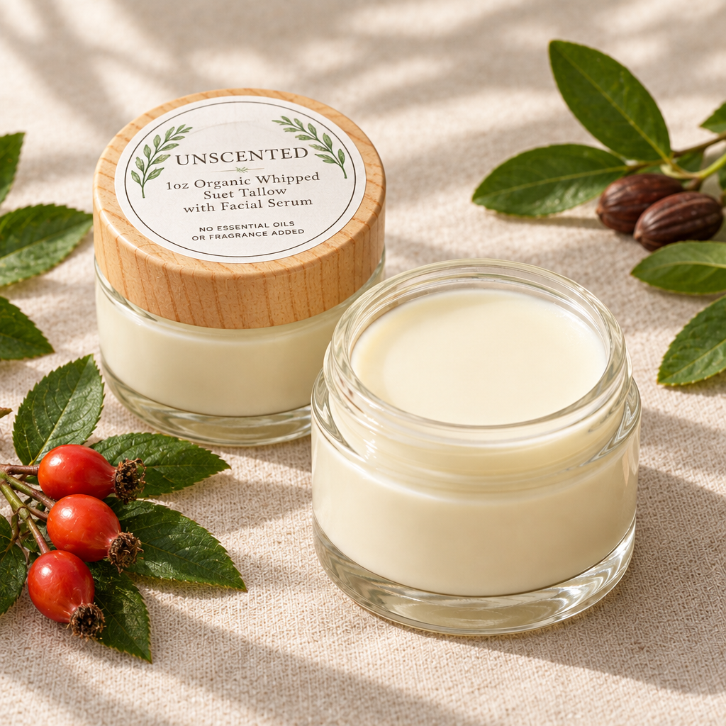 Two jars of unscented facial-serum tallow with subtle foliage
