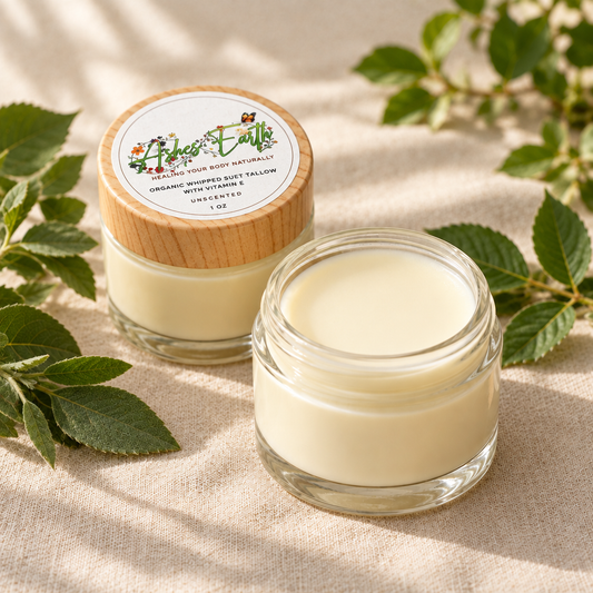 Two Vitamin E tallow jars in a natural linen setting