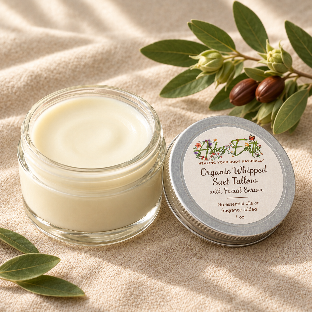 Unscented facial-serum tallow in an open jar on linen