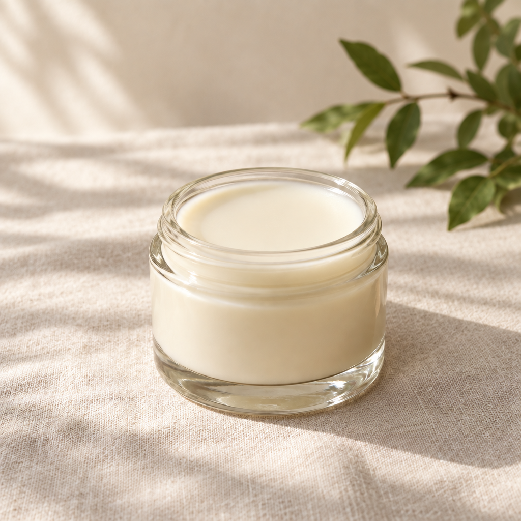 Vitamin E tallow jar on warm linen